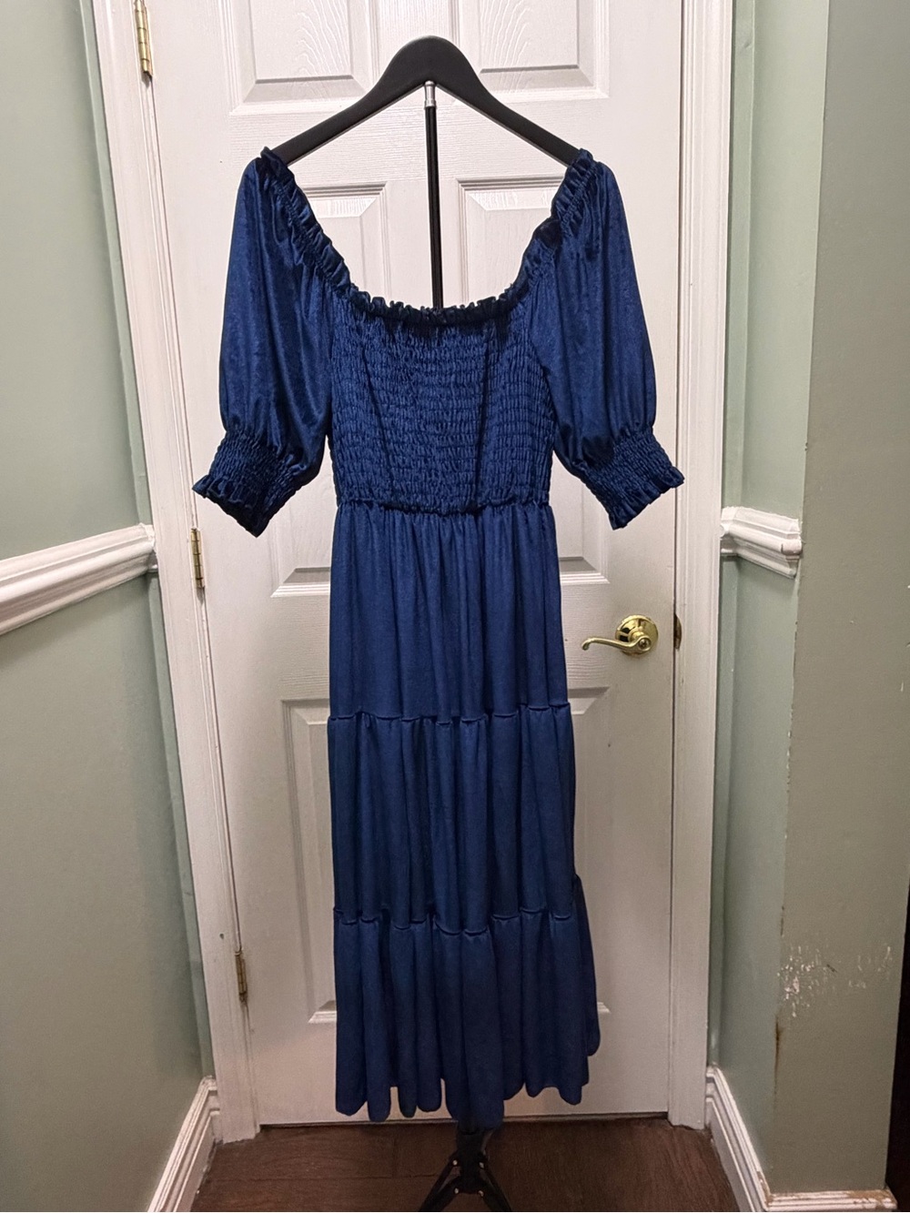 Navy Smocked Maxi Dress with Puff Sleeves